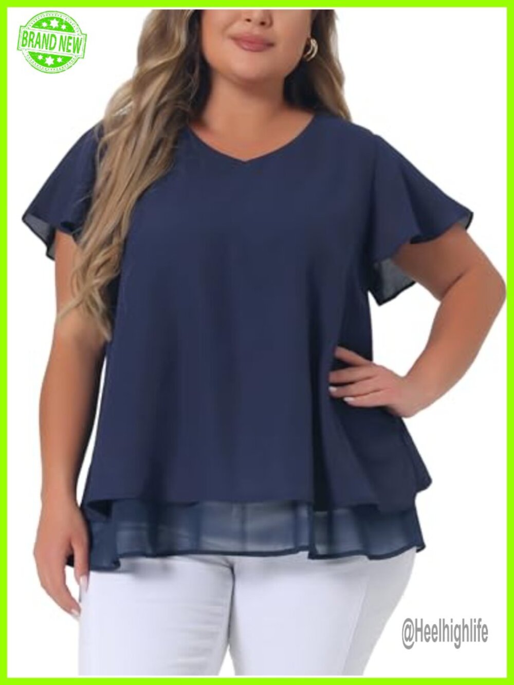 Plus Size V Neck Double Layered Hem Chiffon Tunic Top